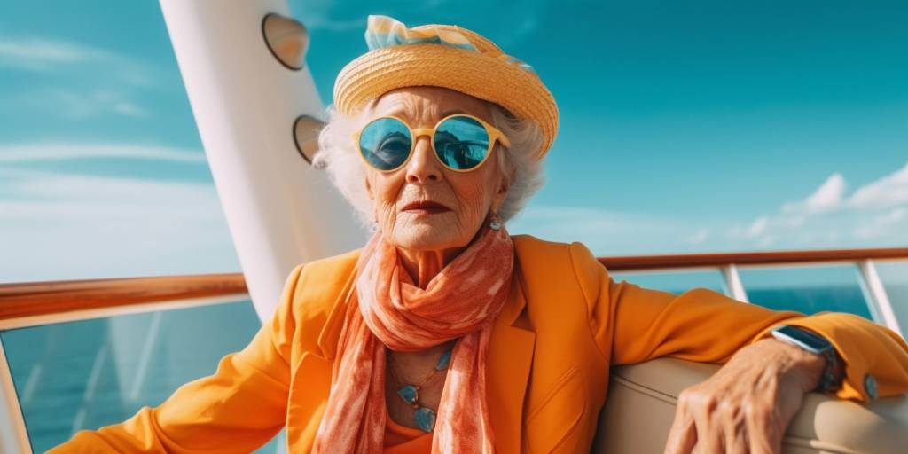 Stylish elderly woman wearing an orange outfit, straw sunhat and yellow sunglasses sitting on a ship with the sea and blue sky visible behind her.